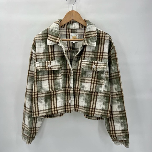 CALI 1850 Womens Plaid Flannel Shacket Large Green Ivory Brown Boxy Oversized - Picture 3 of 9
